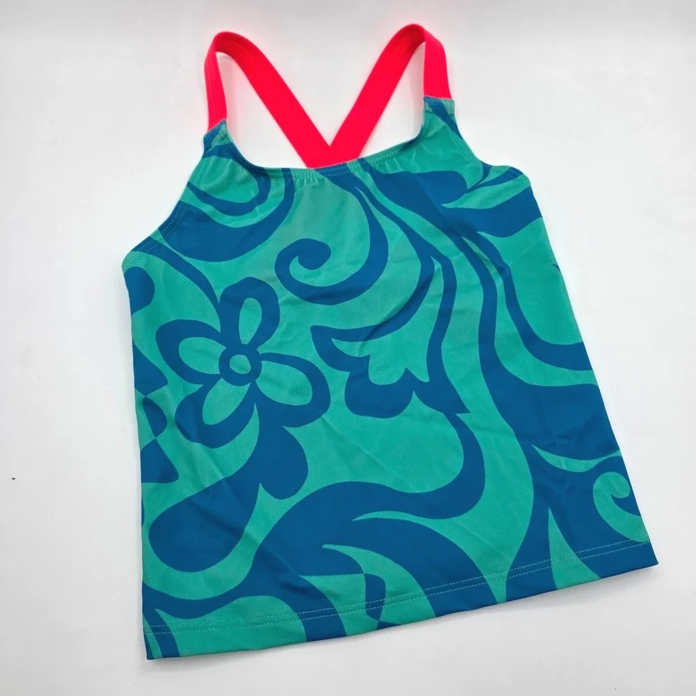 Mini Boden Girls Teal Blue Floral Tankini Swim Top‎ Neon Pink Straps NWT  6-7Y